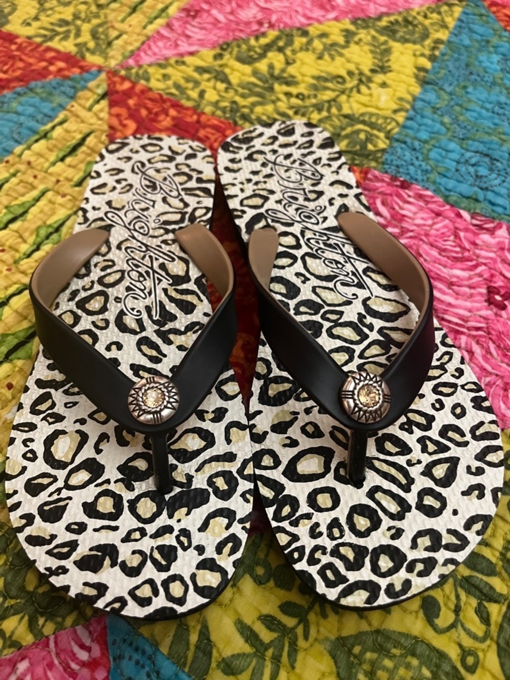 Brighton Embellished Black Strap Sandals with Leopard Print Footbed